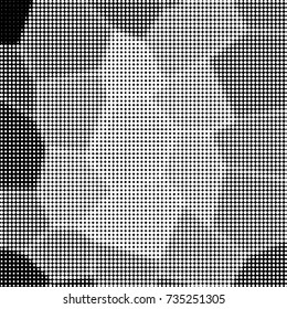 Abstract grunge grid polka dot halftone background pattern. Spotted black and white vector line illustration