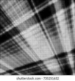 Abstract grunge grid polka dot halftone background pattern. Spotted black and white vector line illustration