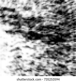 Abstract grunge grid polka dot halftone background pattern. Spotted black and white vector line illustration