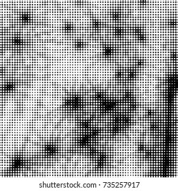 Abstract grunge grid polka dot halftone background pattern. Spotted black and white vector line illustration