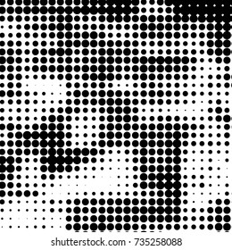 Abstract grunge grid polka dot halftone background pattern. Spotted black and white vector line illustration