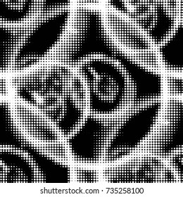 Abstract grunge grid polka dot halftone background pattern. Spotted black and white vector line illustration