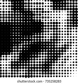 Abstract grunge grid polka dot halftone background pattern. Spotted black and white vector line illustration