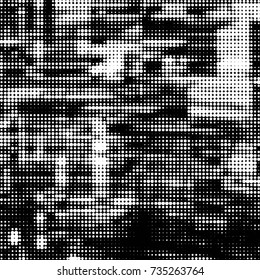 Abstract grunge grid polka dot halftone background pattern. Spotted black and white vector line illustration