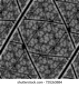 Abstract grunge grid polka dot halftone background pattern. Spotted black and white vector line illustration