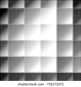 Abstract grunge grid polka dot halftone background pattern. Spotted black and white vector line illustration