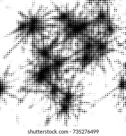 Abstract grunge grid polka dot halftone background pattern. Spotted black and white vector line illustration