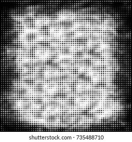 Abstract grunge grid polka dot halftone background pattern. Spotted black and white vector line illustration