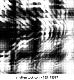Abstract grunge grid polka dot halftone background pattern. Spotted black and white vector line illustration