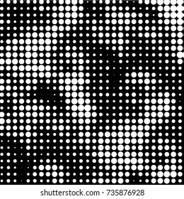 Abstract grunge grid polka dot halftone background pattern. Spotted black and white vector line illustration