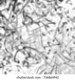 Abstract grunge grid polka dot halftone background pattern. Spotted black and white vector line illustration