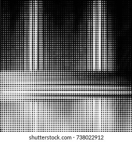 Abstract grunge grid polka dot halftone background pattern. Spotted black and white vector line illustration