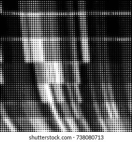 Abstract grunge grid polka dot halftone background pattern. Spotted black and white vector line illustration