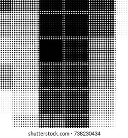 Abstract grunge grid polka dot halftone background pattern. Spotted black and white vector line illustration