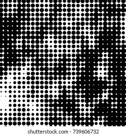 Abstract grunge grid polka dot halftone background pattern. Spotted black and white vector line illustration