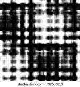 Abstract grunge grid polka dot halftone background pattern. Spotted black and white vector line illustration