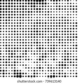 Abstract grunge grid polka dot halftone background pattern. Spotted black and white vector line illustration