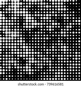 Abstract grunge grid polka dot halftone background pattern. Spotted black and white vector line illustration