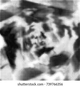 Abstract grunge grid polka dot halftone background pattern. Spotted black and white vector line illustration
