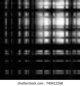 Abstract grunge grid polka dot halftone background pattern. Spotted black and white vector line illustration