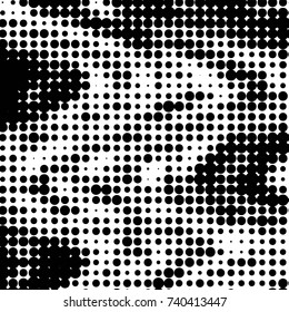 Abstract grunge grid polka dot halftone background pattern. Spotted black and white vector line illustration