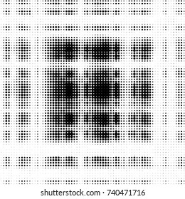 Abstract grunge grid polka dot halftone background pattern. Spotted black and white vector line illustration