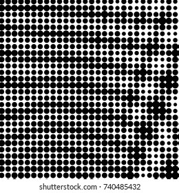 Abstract grunge grid polka dot halftone background pattern. Spotted black and white vector line illustration