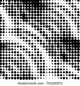 Abstract grunge grid polka dot halftone background pattern. Spotted black and white vector line illustration
