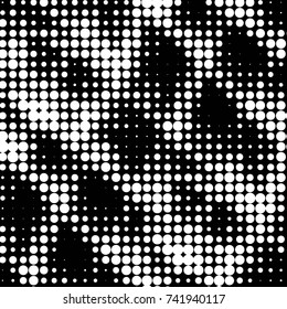 Abstract grunge grid polka dot halftone background pattern. Spotted black and white vector line illustration