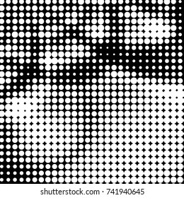 Abstract grunge grid polka dot halftone background pattern. Spotted black and white vector line illustration