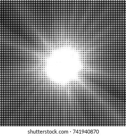 Abstract grunge grid polka dot halftone background pattern. Spotted black and white vector line illustration