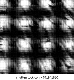 Abstract grunge grid polka dot halftone background pattern. Spotted black and white vector line illustration