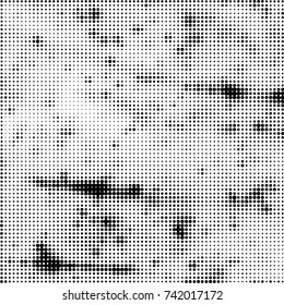 Abstract grunge grid polka dot halftone background pattern. Spotted black and white vector line illustration