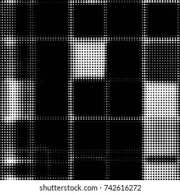 Abstract grunge grid polka dot halftone background pattern. Spotted black and white vector line illustration