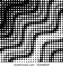 Abstract grunge grid polka dot halftone background pattern. Spotted black and white vector line illustration