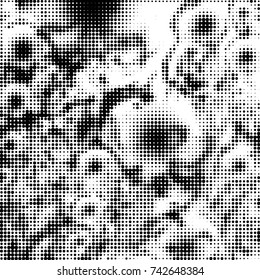 Abstract grunge grid polka dot halftone background pattern. Spotted black and white vector line illustration