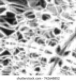 Abstract grunge grid polka dot halftone background pattern. Spotted black and white vector line illustration