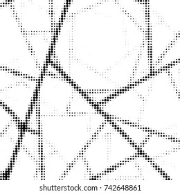 Abstract grunge grid polka dot halftone background pattern. Spotted black and white vector line illustration