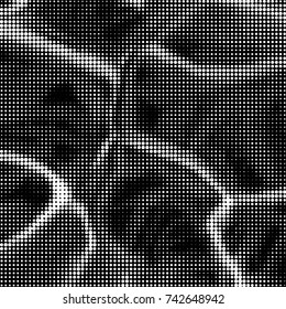 Abstract grunge grid polka dot halftone background pattern. Spotted black and white vector line illustration