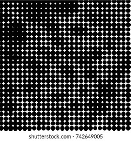 Abstract grunge grid polka dot halftone background pattern. Spotted black and white vector line illustration
