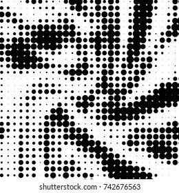 Abstract grunge grid polka dot halftone background pattern. Spotted black and white vector line illustration