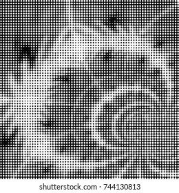 Abstract grunge grid polka dot halftone background pattern. Spotted black and white vector line illustration