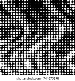 Abstract grunge grid polka dot halftone background pattern. Spotted black and white vector line illustration