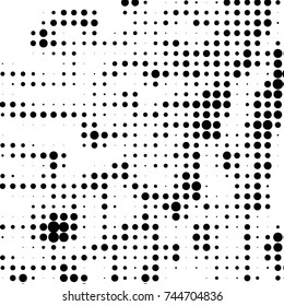 Abstract grunge grid polka dot halftone background pattern. Spotted black and white vector line illustration