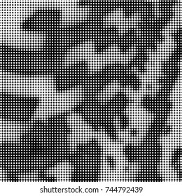 Abstract grunge grid polka dot halftone background pattern. Spotted black and white vector line illustration