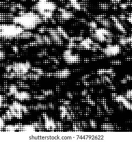 Abstract grunge grid polka dot halftone background pattern. Spotted black and white vector line illustration