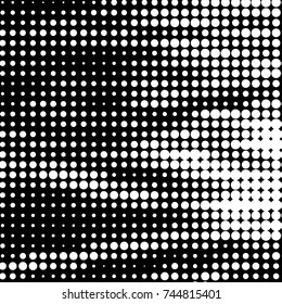 Abstract grunge grid polka dot halftone background pattern. Spotted black and white vector line illustration