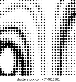 Abstract grunge grid polka dot halftone background pattern. Spotted black and white vector line illustration