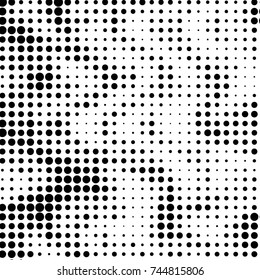 Abstract grunge grid polka dot halftone background pattern. Spotted black and white vector line illustration