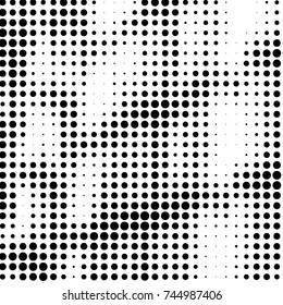 Abstract grunge grid polka dot halftone background pattern. Spotted black and white vector line illustration
